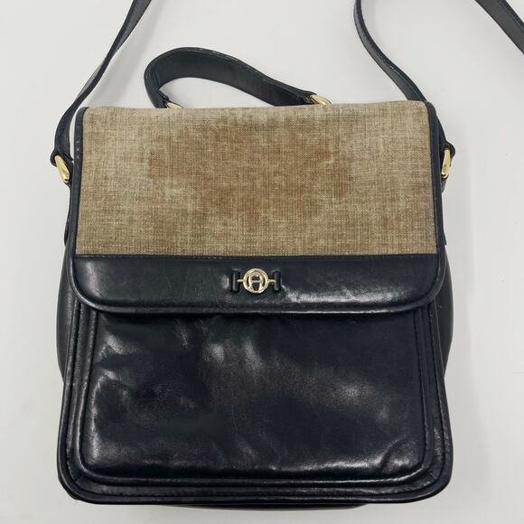 Vintage Etienne Aigner Brown Black Leather Linen Crossbody Bag Satchel Foldover - Picture 2 of 13